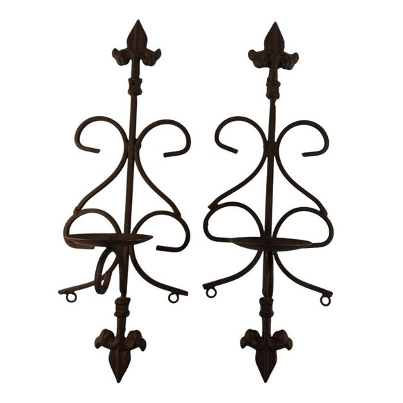 Wrought Iron Fleur-De-Lis Wall Sconces Set Of 2 Candle Holders Decorative Accent - Picture 8 of 8
